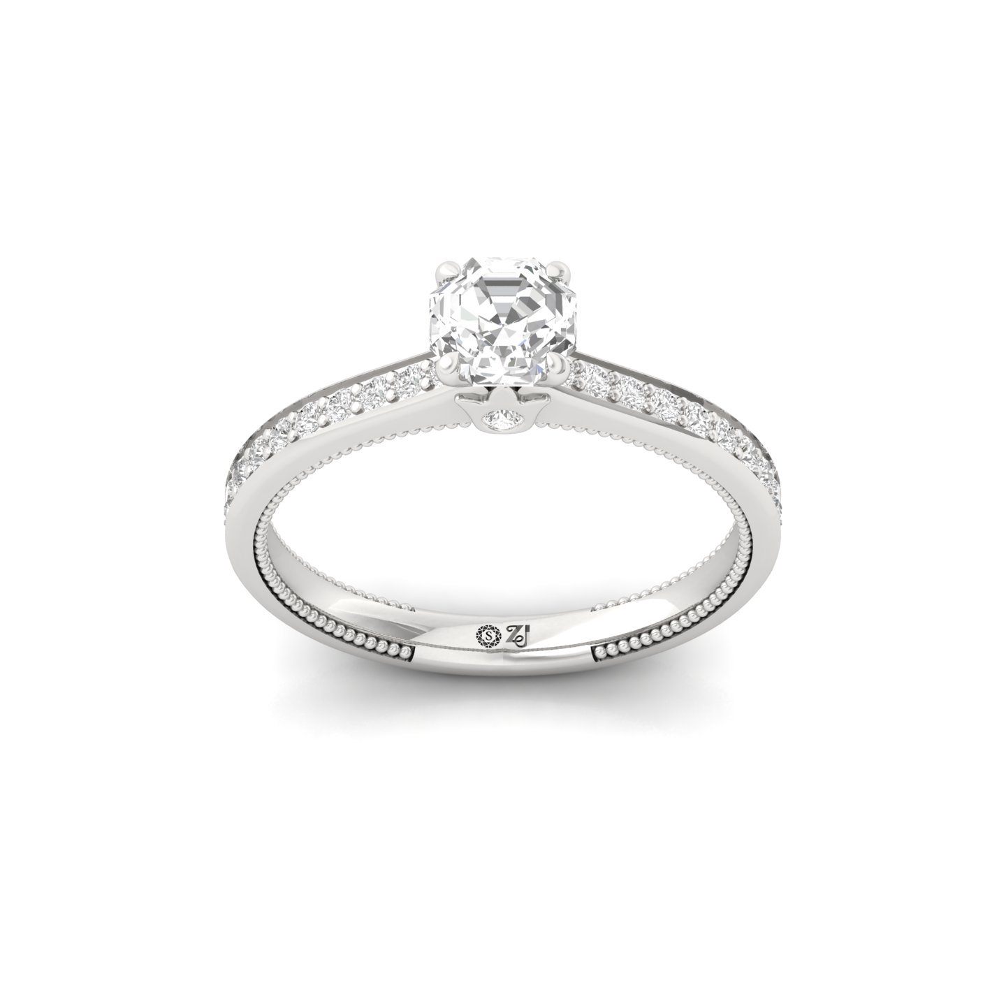 Octagon Cut Solitaire Engagement Ring with Diamond Band | Lab Grown CVD Diamond | Silver | 10K | 14K | 18K - Main View