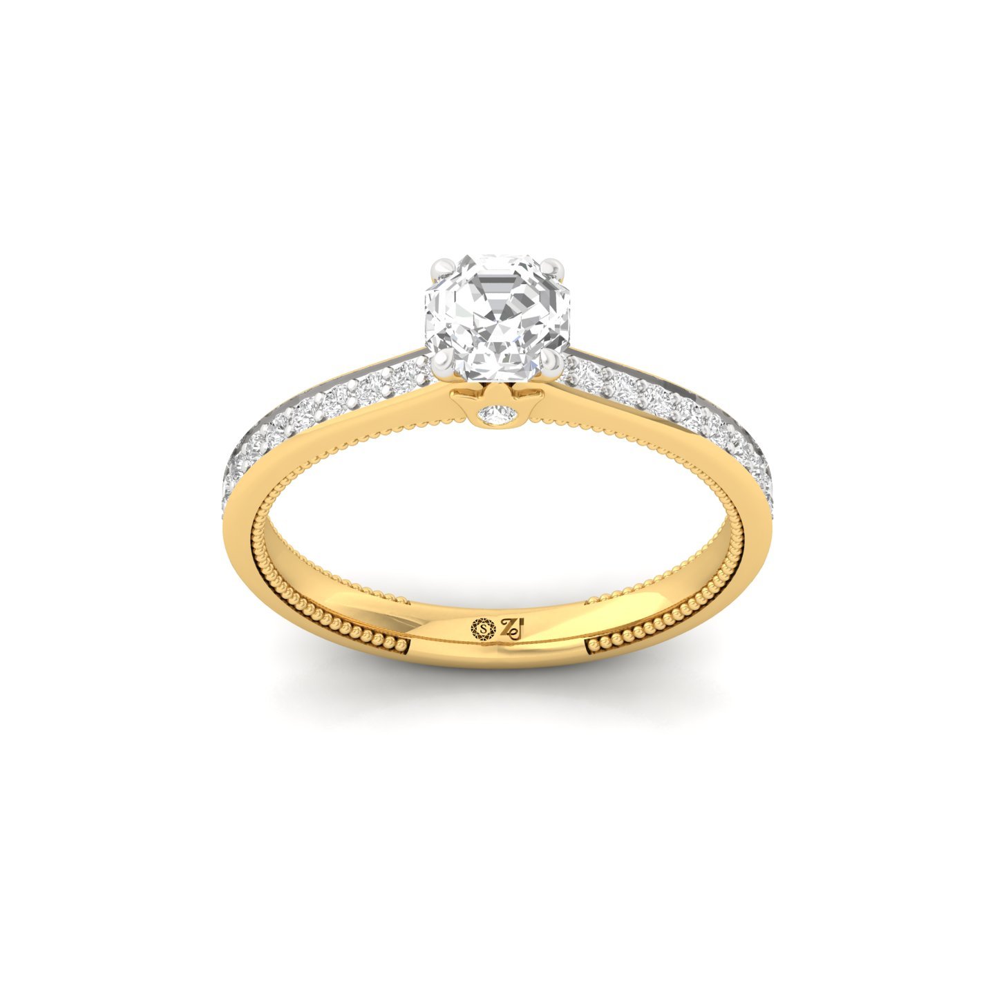 Octagon Cut Solitaire Engagement Ring with Diamond Band | Lab Grown CVD Diamond | Silver | 10K | 14K | 18K - Gold Main View