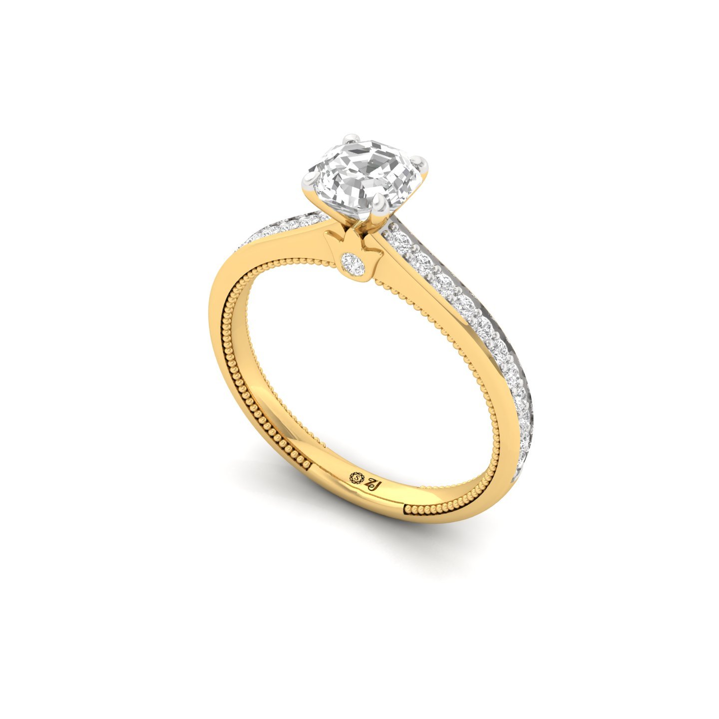 Octagon Cut Solitaire Engagement Ring with Diamond Band | Lab Grown CVD Diamond | Silver | 10K | 14K | 18K - View 2