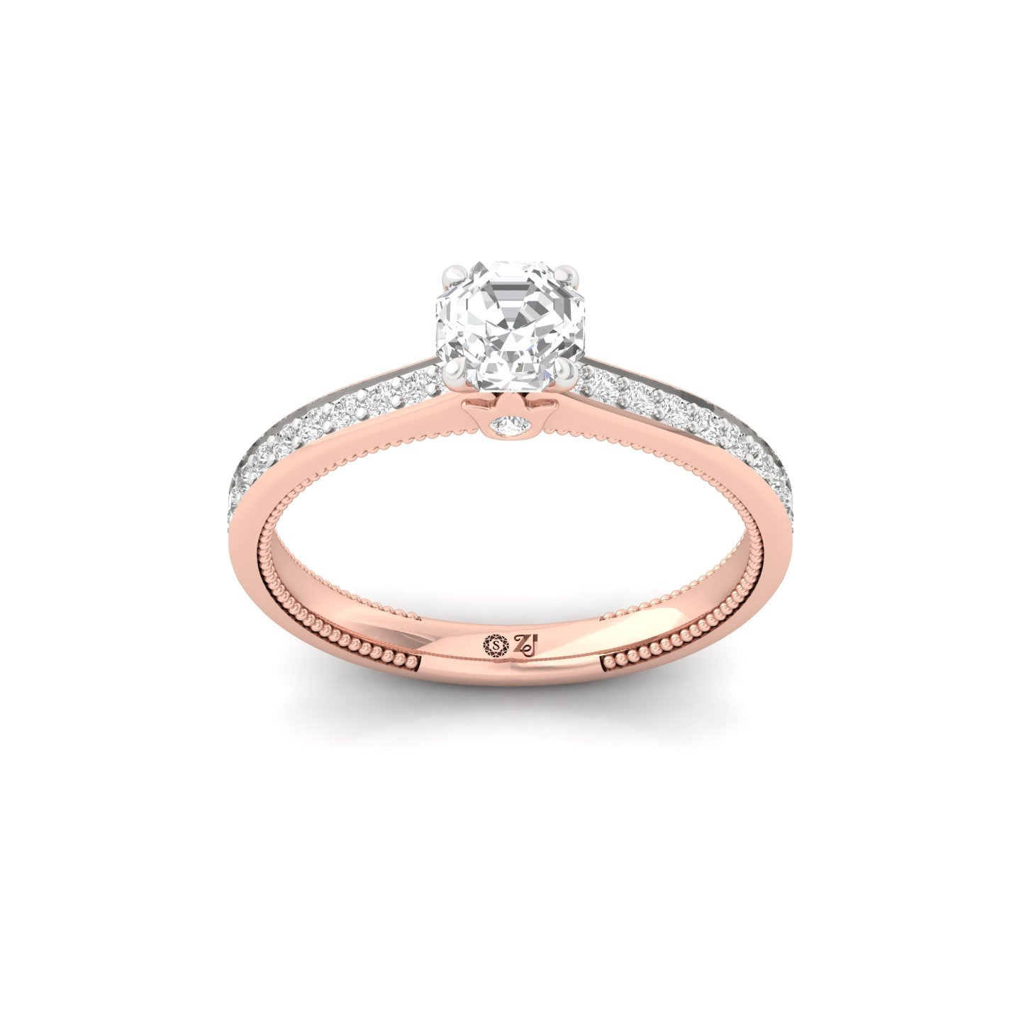 Octagon Cut Solitaire Engagement Ring with Diamond Band | Lab Grown CVD Diamond | Silver | 10K | 14K | 18K - Rose Gold Main View