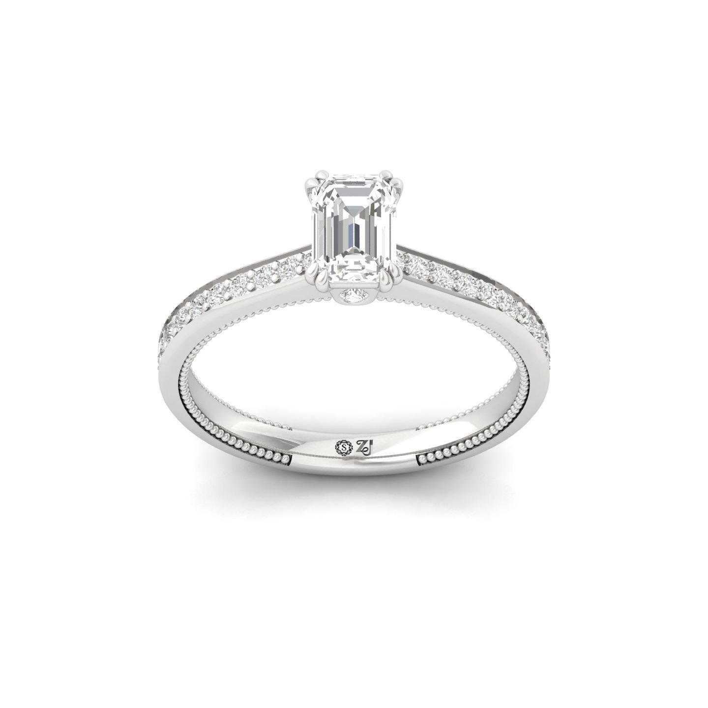 Emerald Cut Solitaire Engagement Ring with Diamond Band | Lab Grown CVD Diamond | Silver | 10K | 14K | 18K - Main View