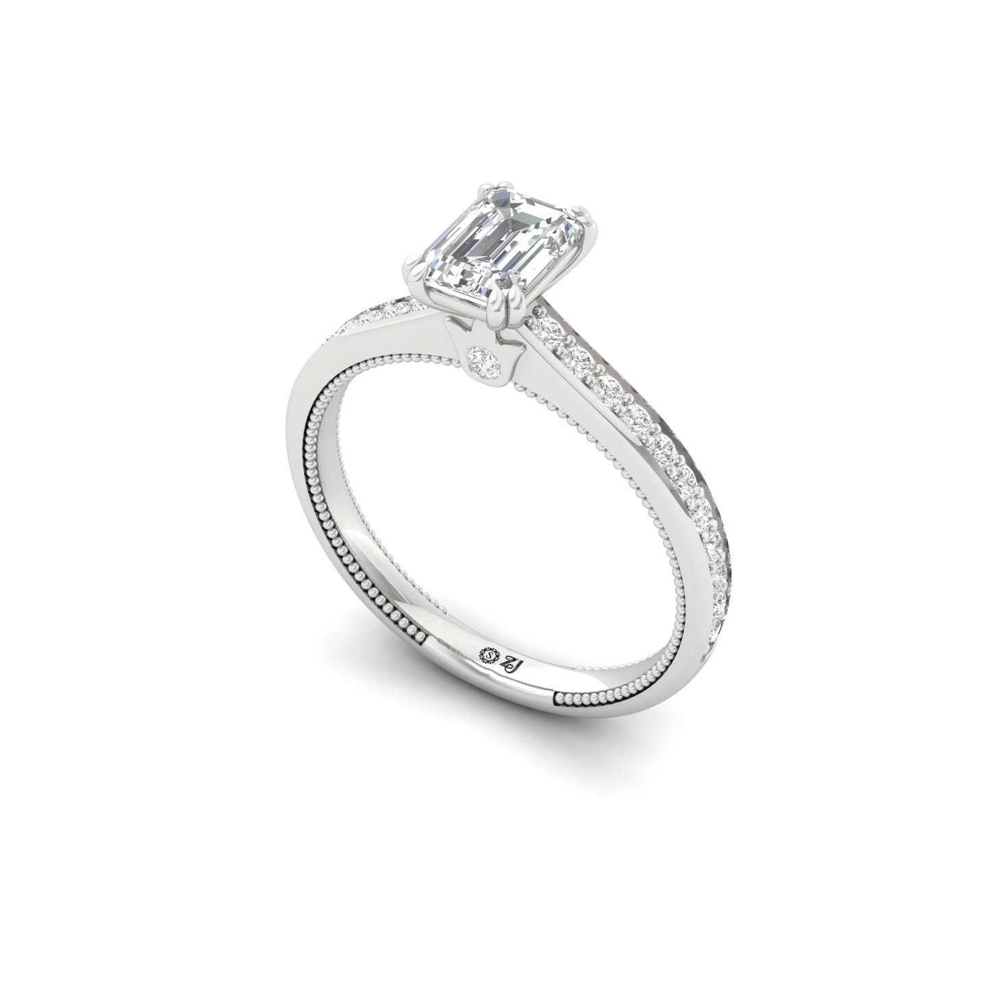 Emerald Cut Solitaire Engagement Ring with Diamond Band | Lab Grown CVD Diamond | Silver | 10K | 14K | 18K - View 2