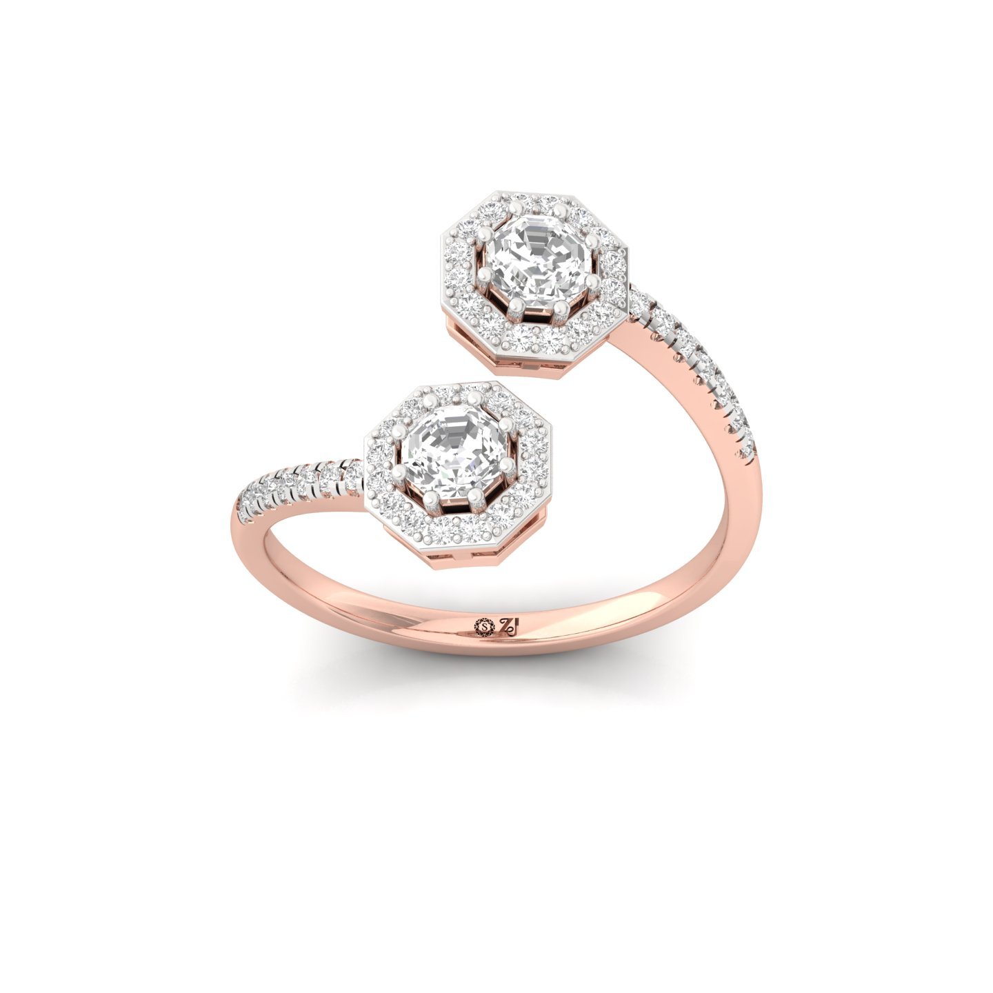 Double Octagon Halo & Toi Et Moi Open Ring | Lab Grown Diamond | Silver | 10K | 14K | 18K - Rose Gold Main View