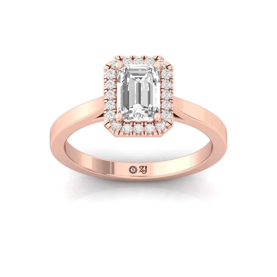 Emerald Cut Halo Engagement Ring | Lab Grown Diamond | Silver | 10K | 14K | 18K - Rose Gold Main View