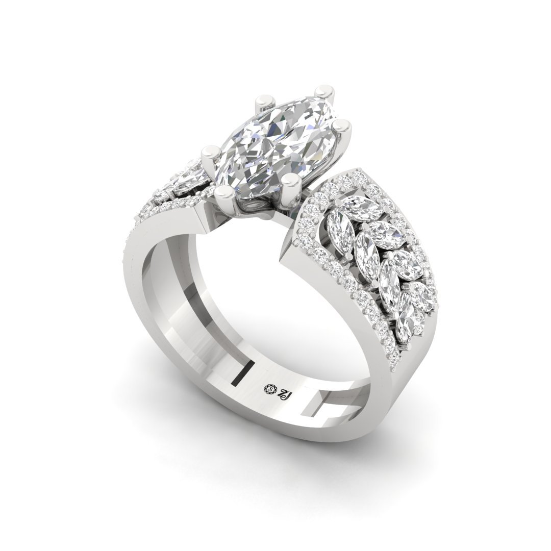 Marquise Leaf Design Diamond Engagement Ring | Lab Grown Diamond | Statement Bridal Jewelry | Silver | 10K | 14K | 18K - View 2