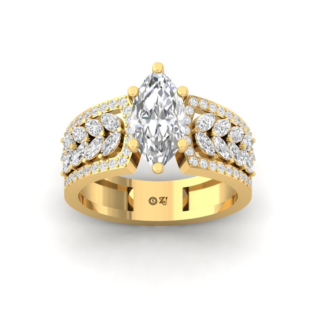 Marquise Leaf Design Diamond Engagement Ring | Lab Grown Diamond | Statement Bridal Jewelry | Silver | 10K | 14K | 18K - Gold Main View