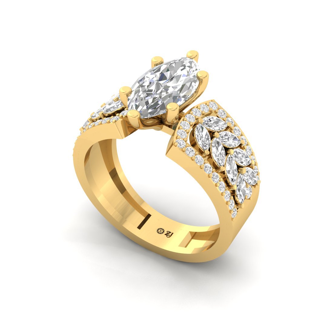 Marquise Leaf Design Diamond Engagement Ring | Lab Grown Diamond | Statement Bridal Jewelry | Silver | 10K | 14K | 18K - View 2