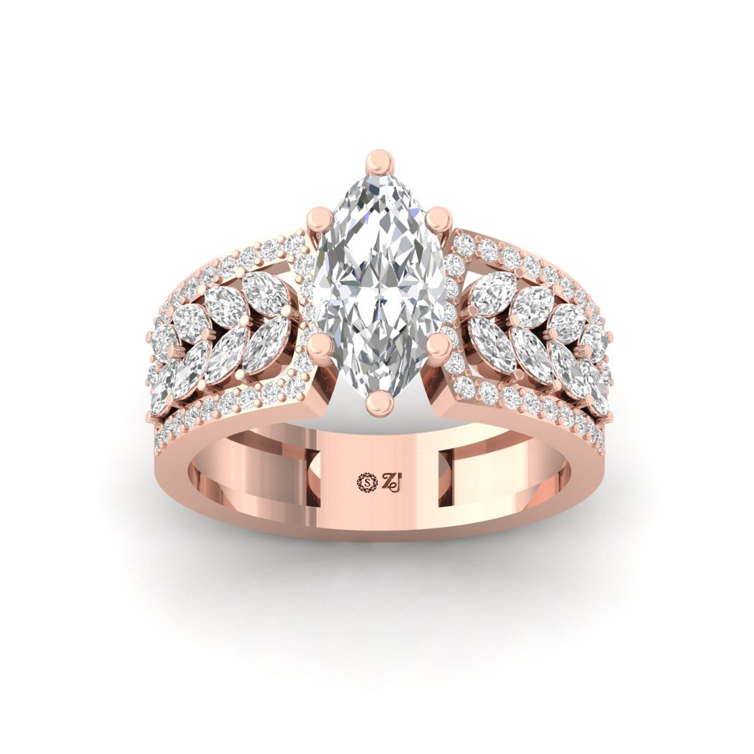 Marquise Leaf Design Diamond Engagement Ring | Lab Grown Diamond | Statement Bridal Jewelry | Silver | 10K | 14K | 18K - Rose Gold Main View