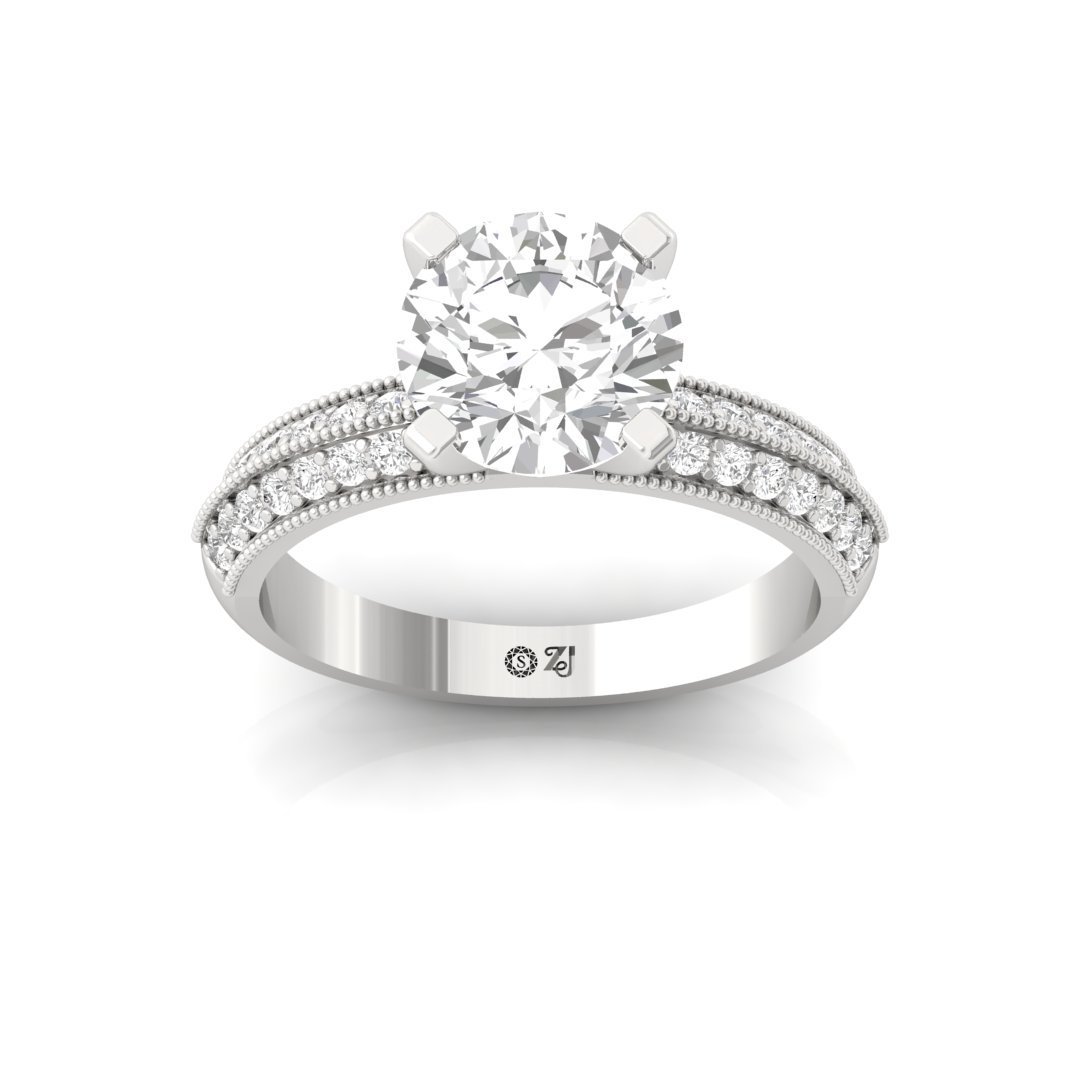 Round Brilliant Solitaire Engagement Ring | Double Diamond Band | Lab Grown Diamond | Silver | 10K | 14K | 18K - Main View