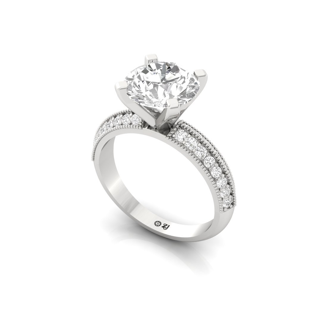 Round Brilliant Solitaire Engagement Ring | Double Diamond Band | Lab Grown Diamond | Silver | 10K | 14K | 18K - View 2