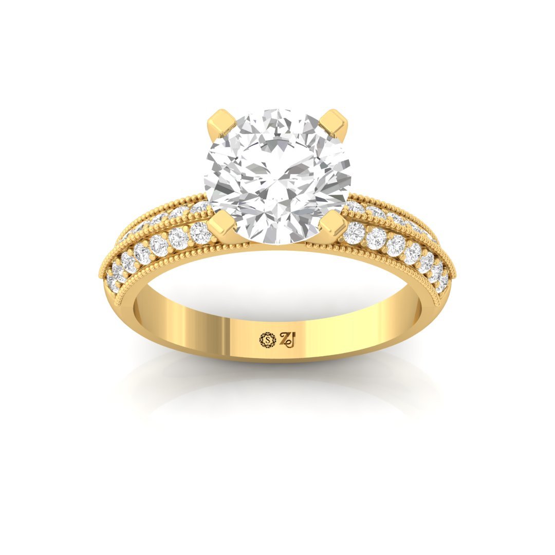 Round Brilliant Solitaire Engagement Ring | Double Diamond Band | Lab Grown Diamond | Silver | 10K | 14K | 18K - Gold Main View