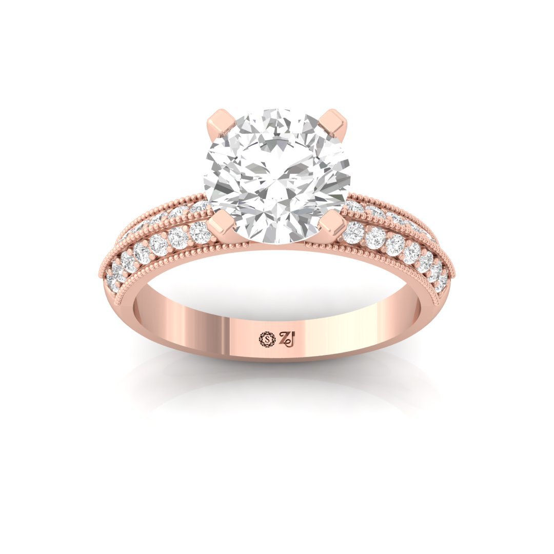 Round Brilliant Solitaire Engagement Ring | Double Diamond Band | Lab Grown Diamond | Silver | 10K | 14K | 18K - Rose Gold Main View