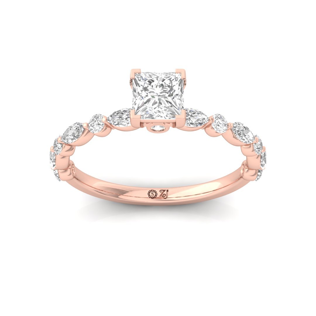 Princess Cut Solitaire Engagement Ring | Diamond Band with V-Shape Prong | Lab Grown Diamond | Silver | 10K | 14K | 18K - Rose Gold Main View