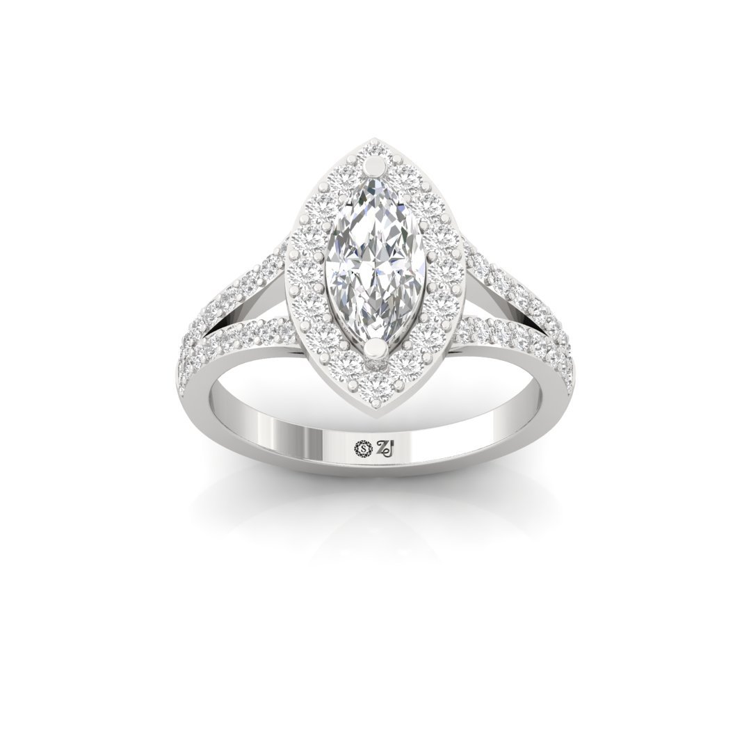 Marquise Cut Halo Diamond Engagement Ring | Lab Grown Diamond | Split Shank | Silver | 10K | 14K | 18K - Main View