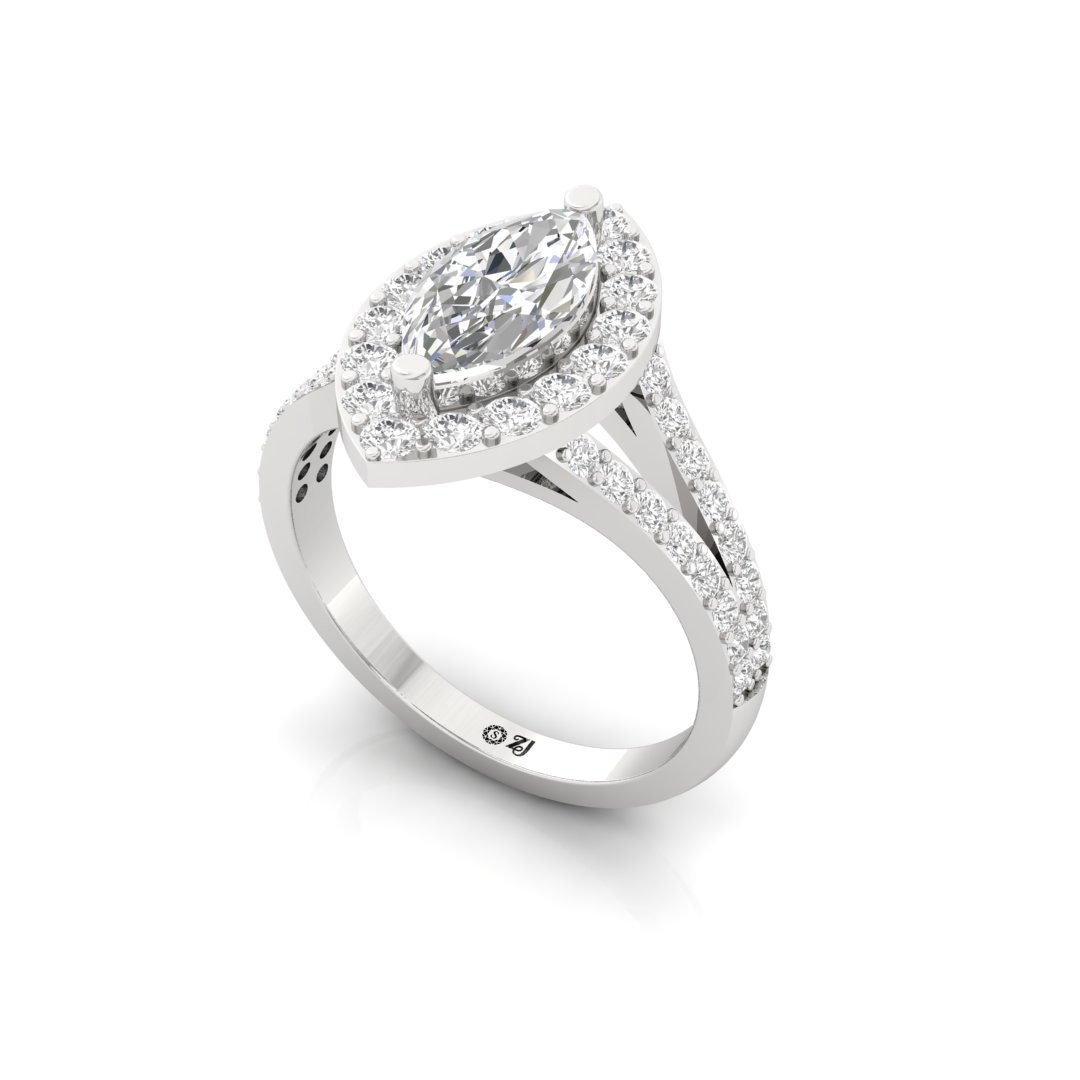 Marquise Cut Halo Diamond Engagement Ring | Lab Grown Diamond | Split Shank | Silver | 10K | 14K | 18K - View 2