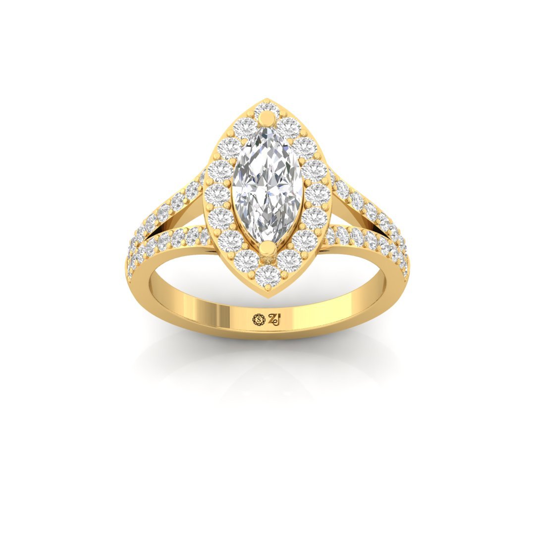 Marquise Cut Halo Diamond Engagement Ring | Lab Grown Diamond | Split Shank | Silver | 10K | 14K | 18K - Gold Main View