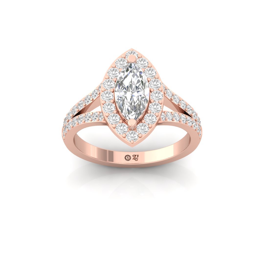 Marquise Cut Halo Diamond Engagement Ring | Lab Grown Diamond | Split Shank | Silver | 10K | 14K | 18K - Rose Gold Main View