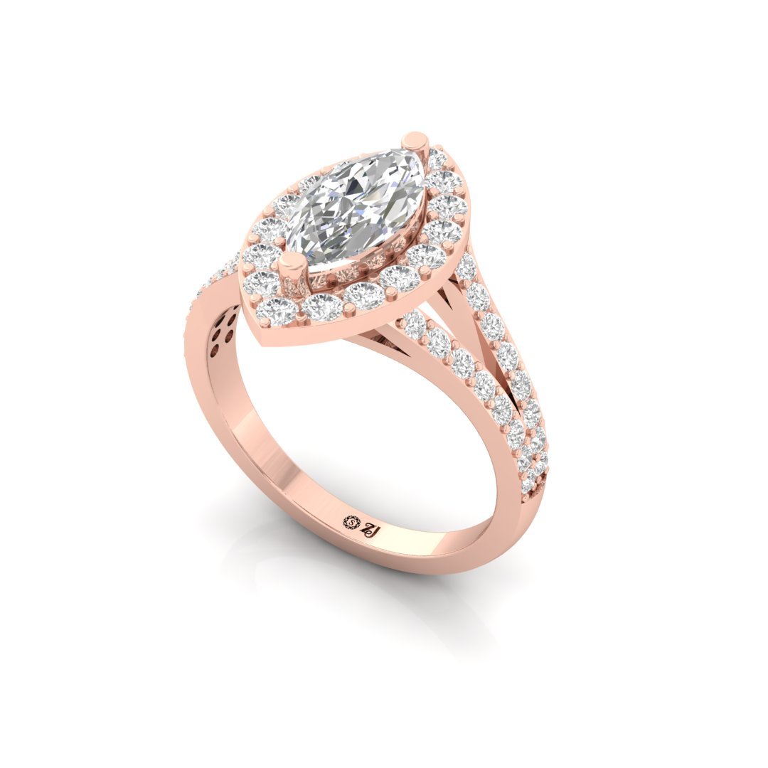 Marquise Cut Halo Diamond Engagement Ring | Lab Grown Diamond | Split Shank | Silver | 10K | 14K | 18K - View 2