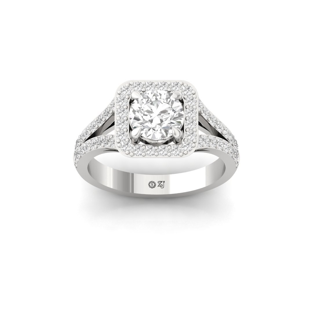 Round Cut Halo Diamond Engagement Ring | Lab Grown Diamond | Split Shank | Claw Prongs | Silver | 10K | 14K | 18K - Main View