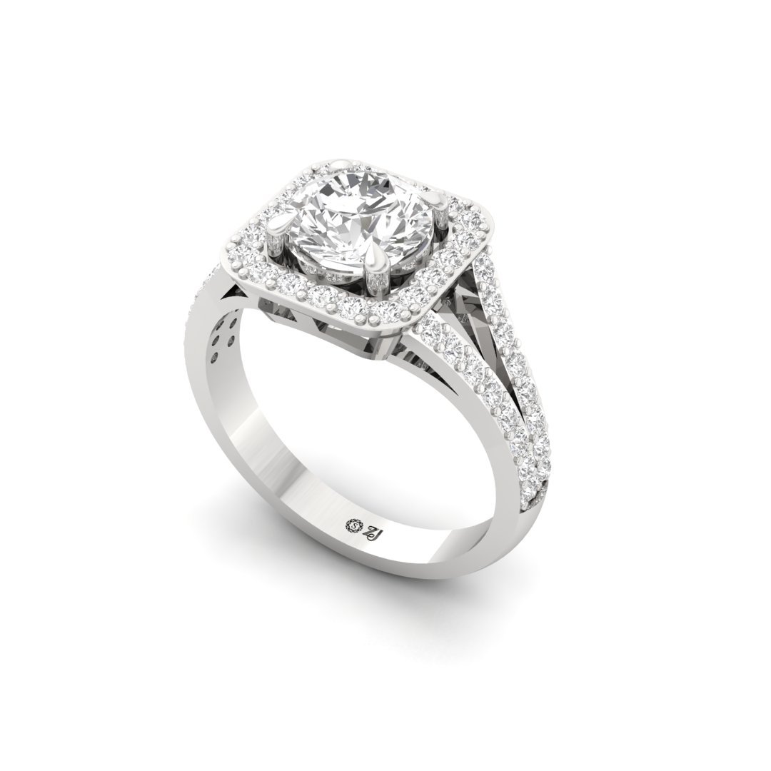 Round Cut Halo Diamond Engagement Ring | Lab Grown Diamond | Split Shank | Claw Prongs | Silver | 10K | 14K | 18K - View 2