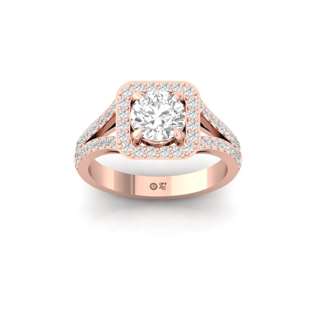 Round Cut Halo Diamond Engagement Ring | Lab Grown Diamond | Split Shank | Claw Prongs | Silver | 10K | 14K | 18K - Rose Gold Main View