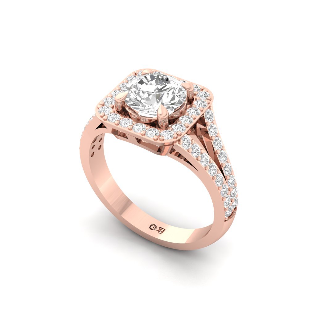 Round Cut Halo Diamond Engagement Ring | Lab Grown Diamond | Split Shank | Claw Prongs | Silver | 10K | 14K | 18K - View 2