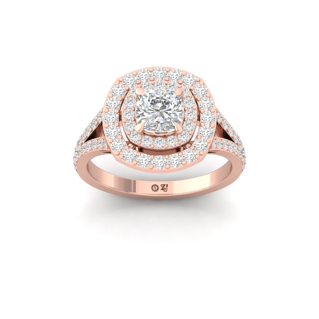 Cushion Cut Double Halo Diamond Engagement Ring | Lab Grown Diamond | Claw Prongs | Silver | 10K | 14K | 18K - Rose Gold Main View