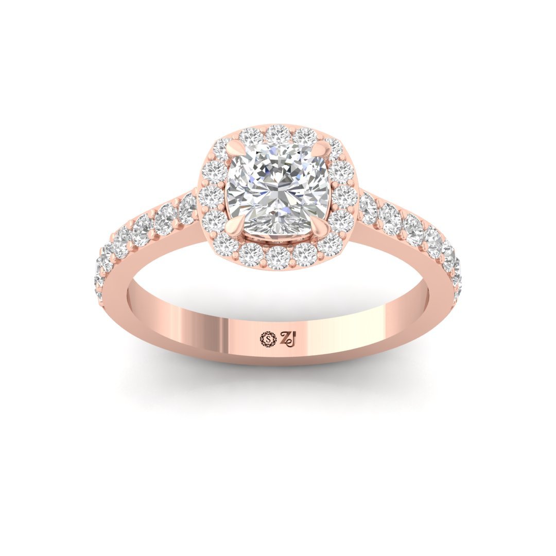 Cushion Cut Halo Engagement Ring | Lab Grown Diamond | Claw Prongs | Silver | 10K | 14K | 18K - Rose Gold Main View