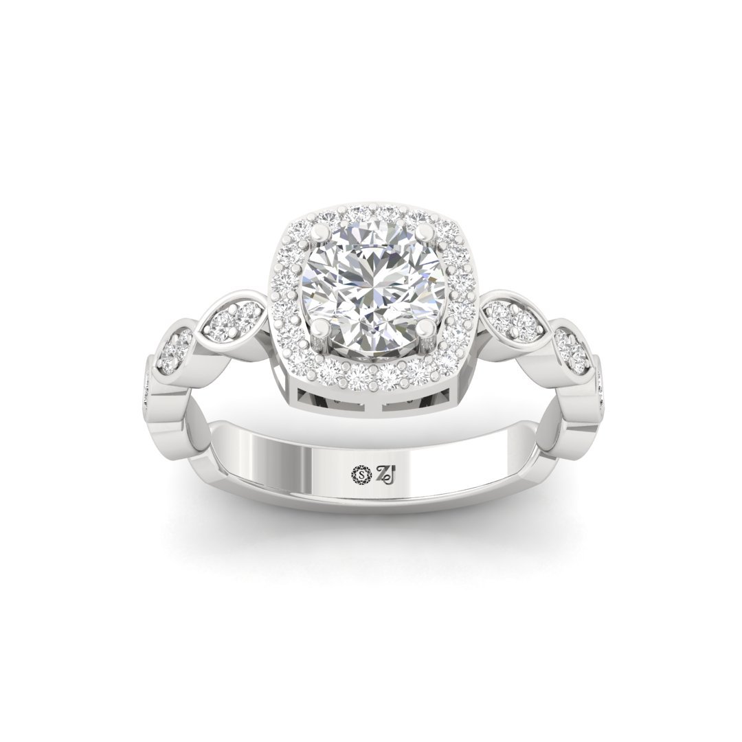 Round Halo Engagement Ring with Marquise Band | Lab Grown Diamond | Silver | 10K | 14K | 18K - Main View