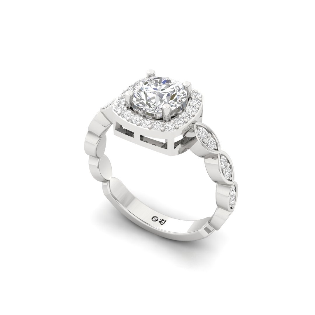Round Halo Engagement Ring with Marquise Band | Lab Grown Diamond | Silver | 10K | 14K | 18K - View 2