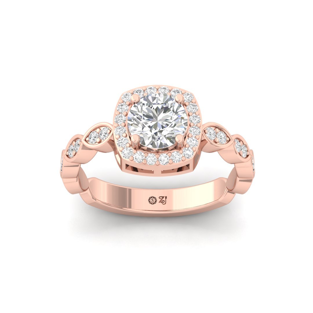 Round Halo Engagement Ring with Marquise Band | Lab Grown Diamond | Silver | 10K | 14K | 18K - Rose Gold Main View
