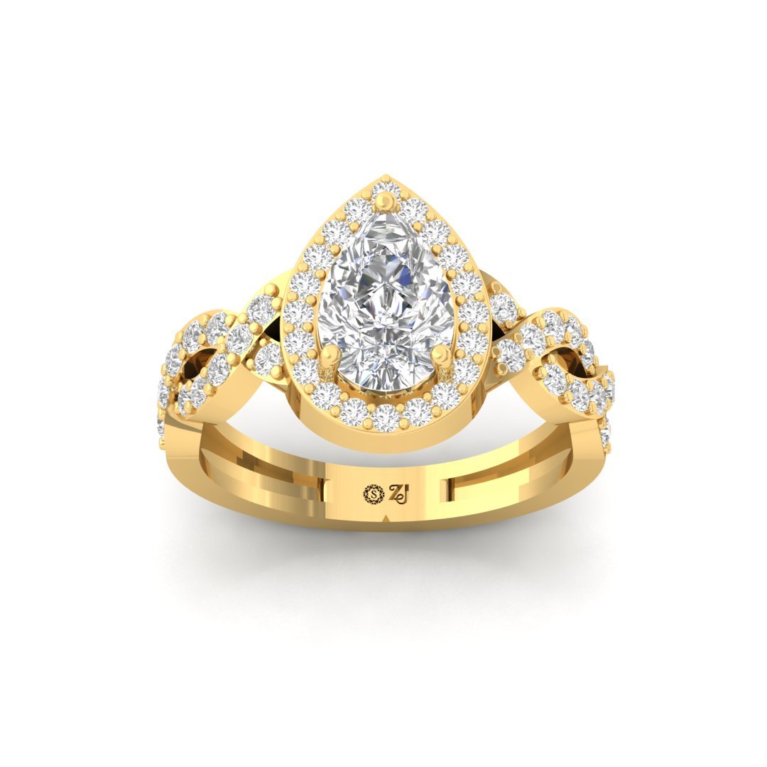 Pear Cut Halo Engagement Ring with Twisted Diamond Band | Lab Grown Diamond | Silver | 10K | 14K | 18K - Gold Main View