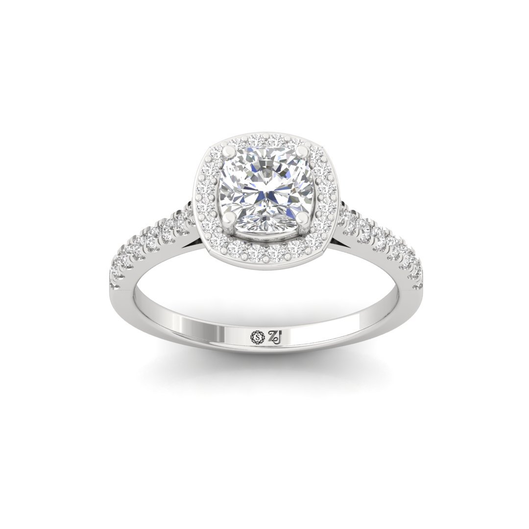 Cushion Cut Halo Engagement Ring with Diamond Band | Lab Grown Diamond | Silver | 10K | 14K | 18K - Main View