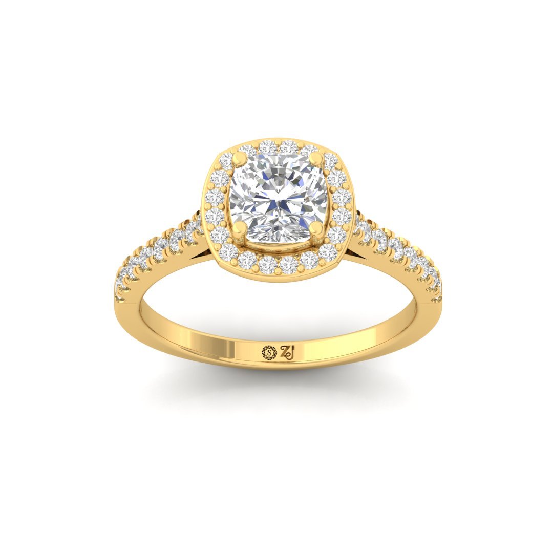 Cushion Cut Halo Engagement Ring with Diamond Band | Lab Grown Diamond | Silver | 10K | 14K | 18K - Gold Main View