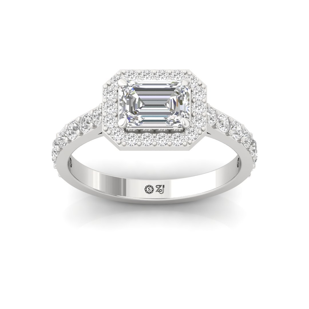 Emerald Halo Engagement Ring | Lab Grown Diamond | Silver | 10K | 14K | 18K - Main View