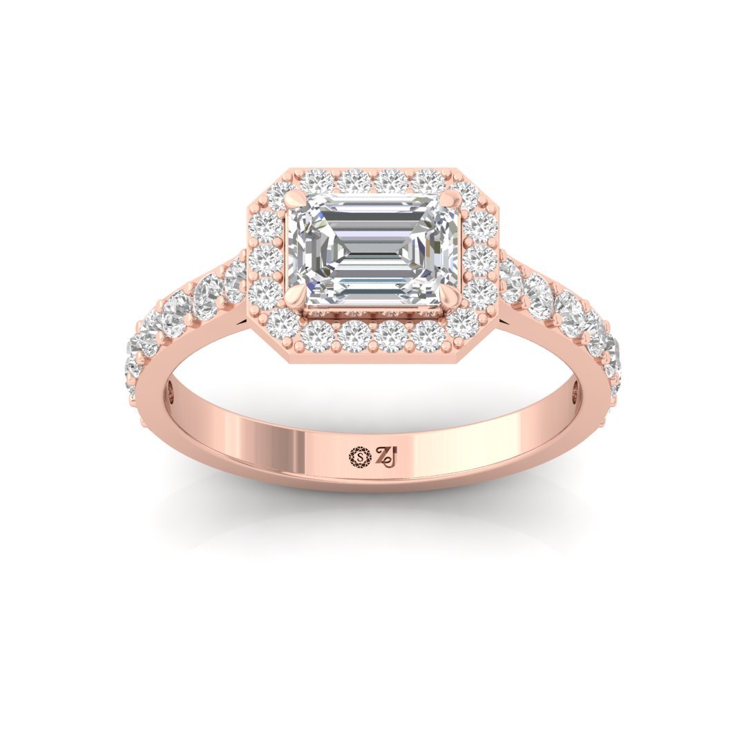 Emerald Halo Engagement Ring | Lab Grown Diamond | Silver | 10K | 14K | 18K - Rose Gold Main View