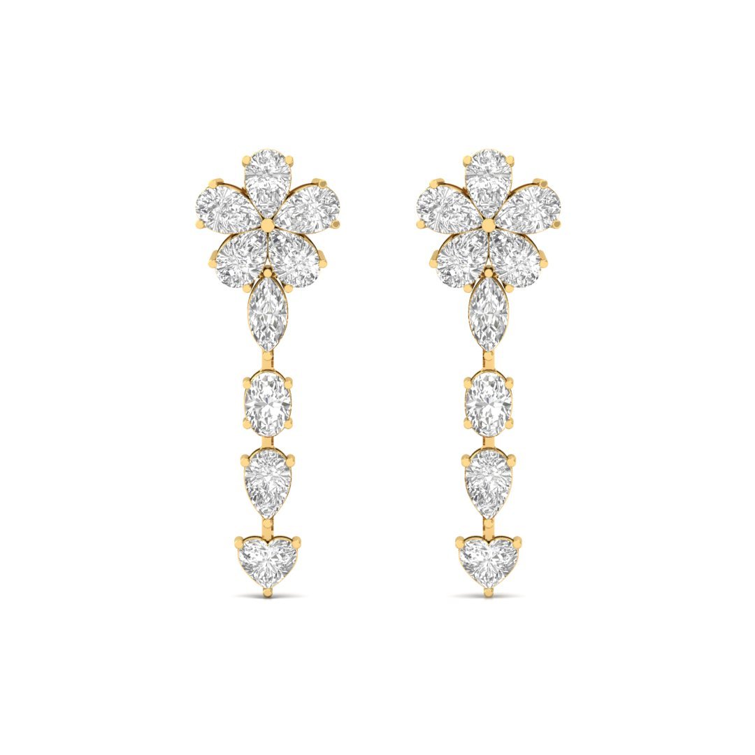 Floral Diamond Drop Earrings | Lab Grown Diamond Long Dangler | Silver | 10K | 14K | 18K - View 2