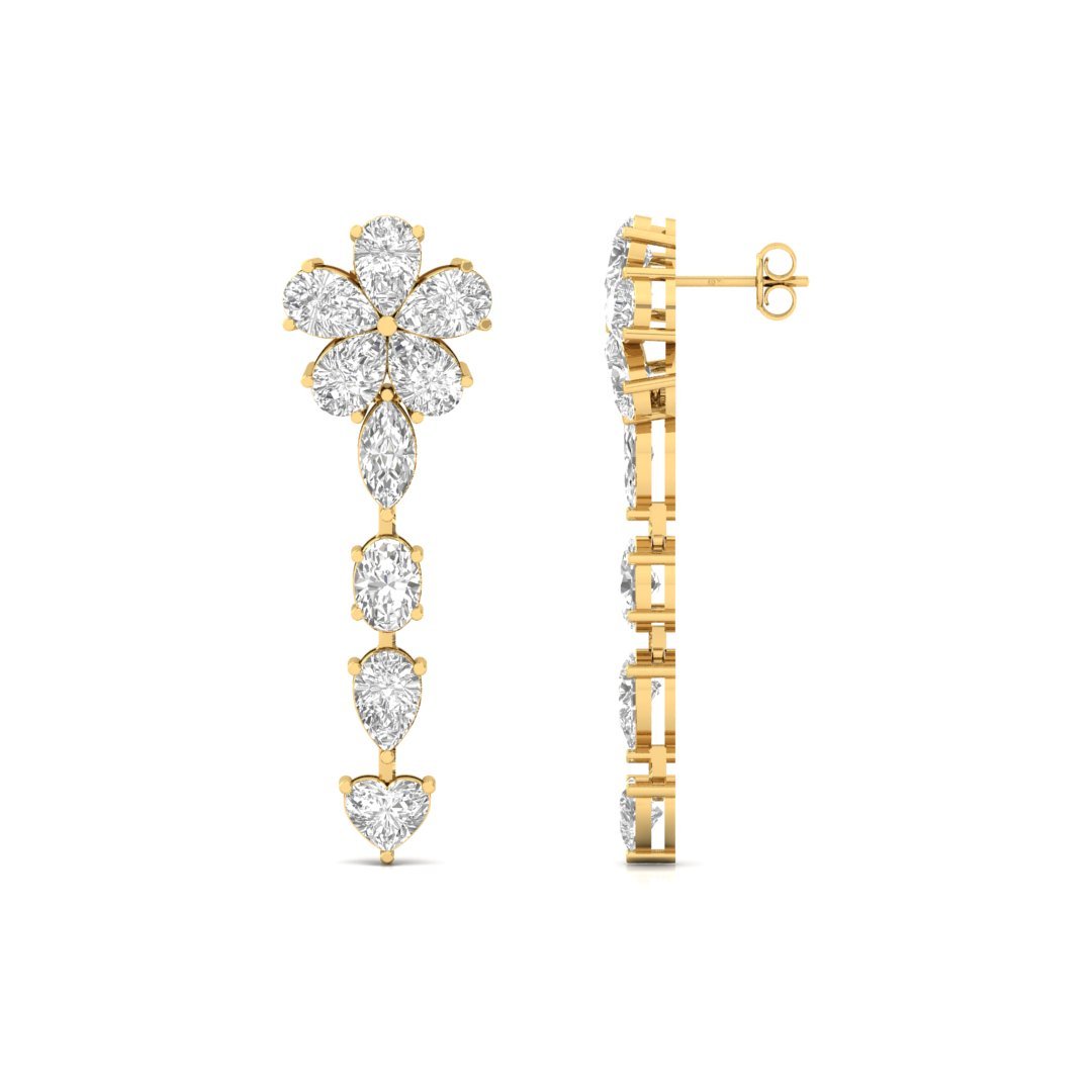 Floral Diamond Drop Earrings | Lab Grown Diamond Long Dangler | Silver | 10K | 14K | 18K - Gold Main View
