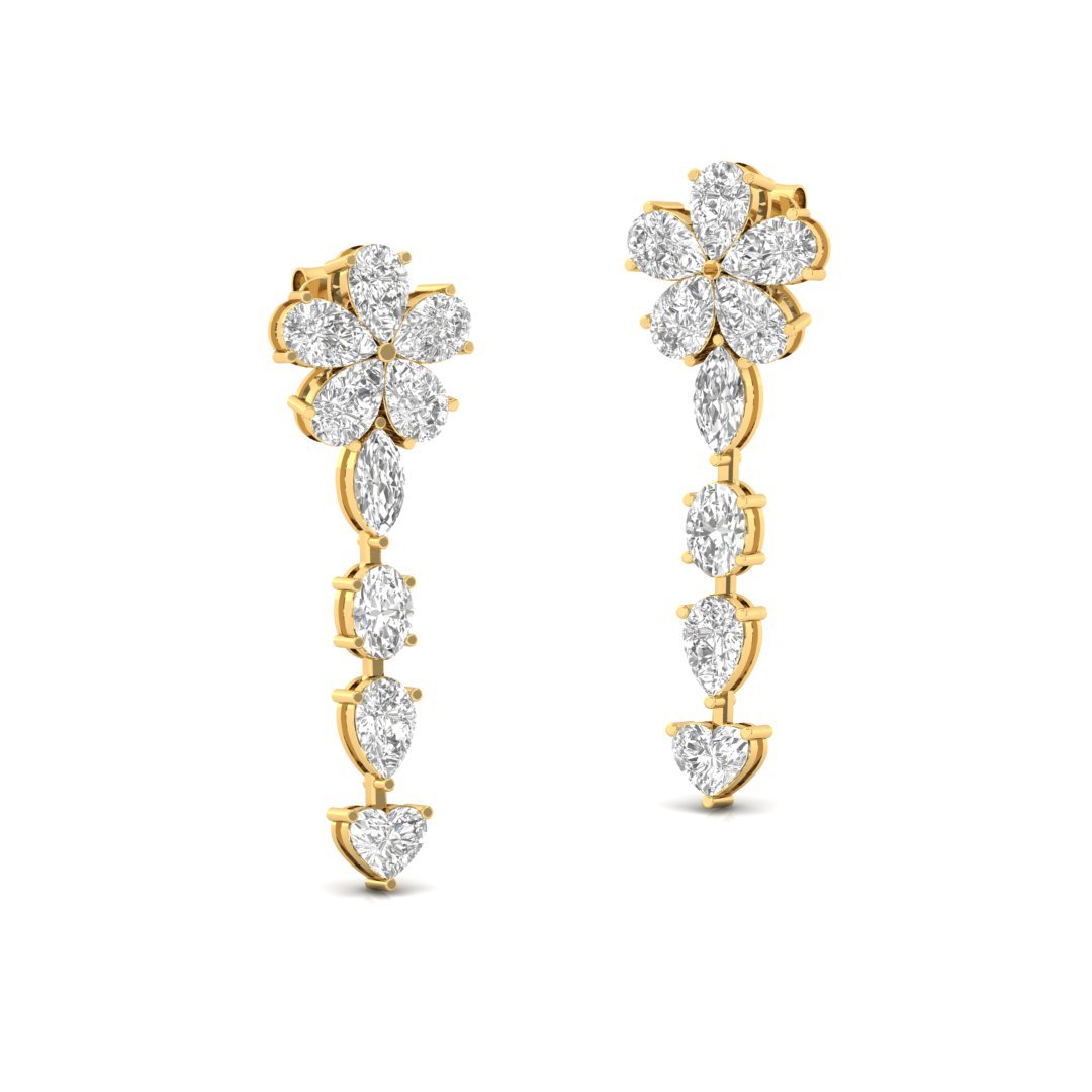 Floral Diamond Drop Earrings | Lab Grown Diamond Long Dangler | Silver | 10K | 14K | 18K - View 3