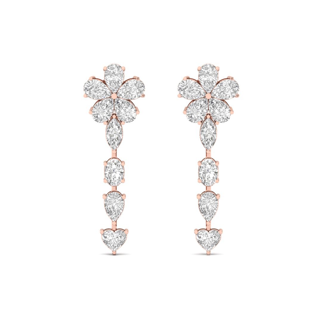 Floral Diamond Drop Earrings | Lab Grown Diamond Long Dangler | Silver | 10K | 14K | 18K - View 2