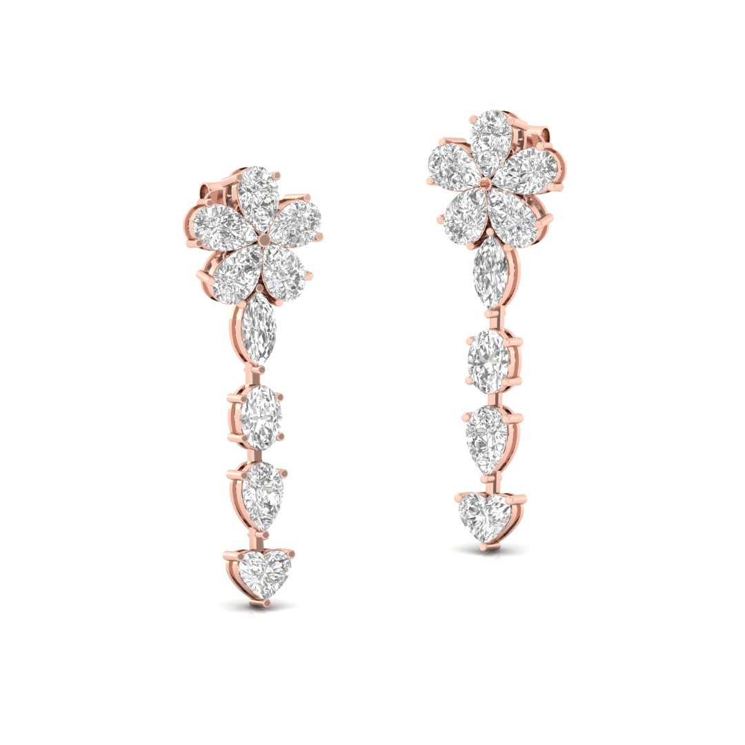Floral Diamond Drop Earrings | Lab Grown Diamond Long Dangler | Silver | 10K | 14K | 18K - View 3