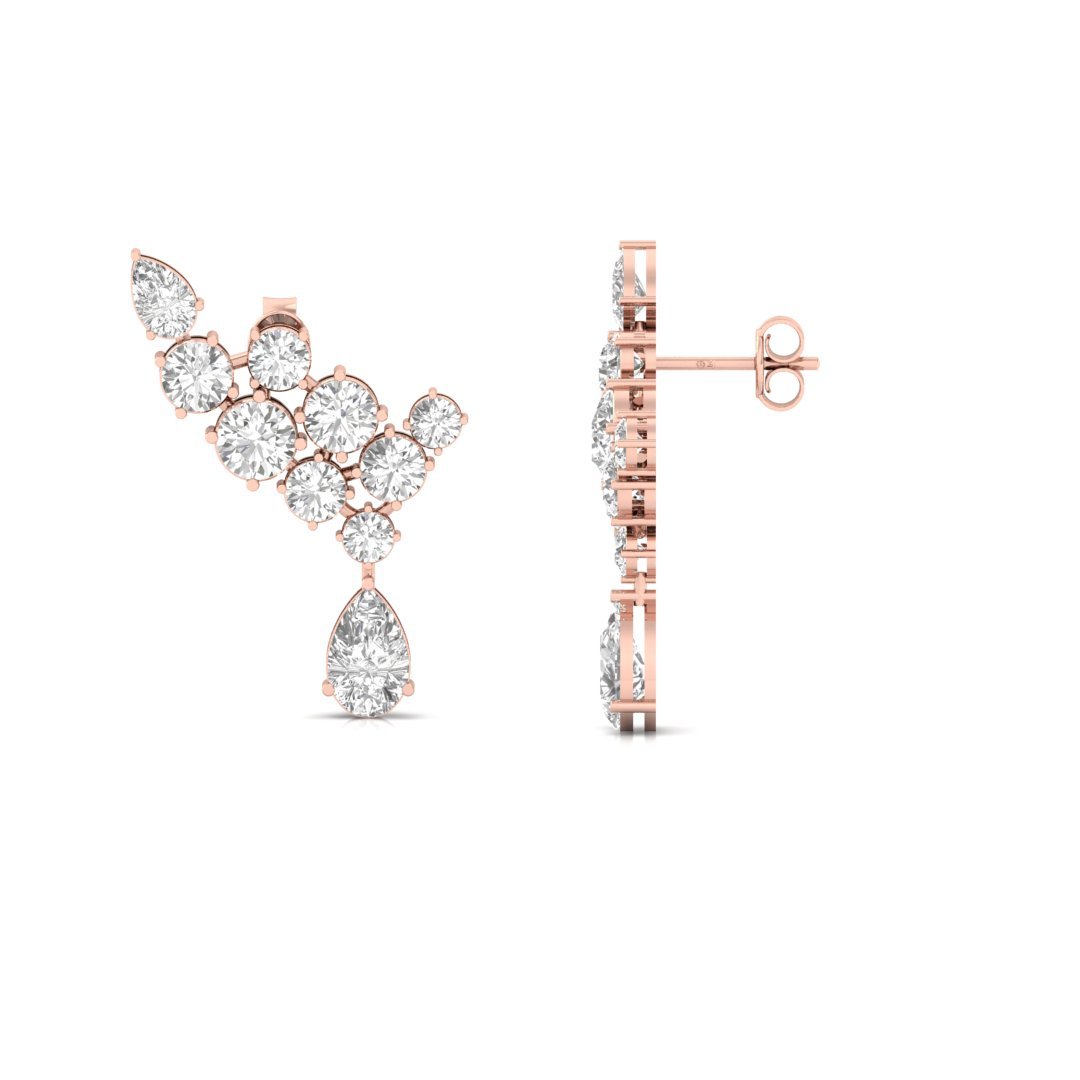 Diamond Cluster Drop Earrings | Lab Grown Diamond Statement Earrings | Silver | 10K | 14K | 18K - Rose Gold Main View
