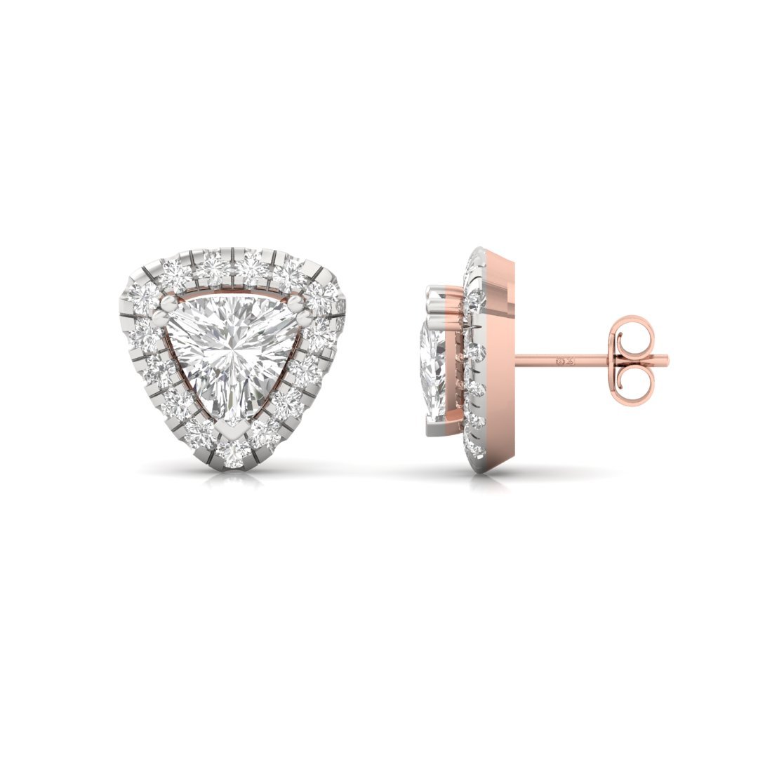 Trillion Cut Diamond Halo Stud Earrings | Lab Grown Diamond Earrings | Silver | 10K | 14K | 18K - Rose Gold Main View