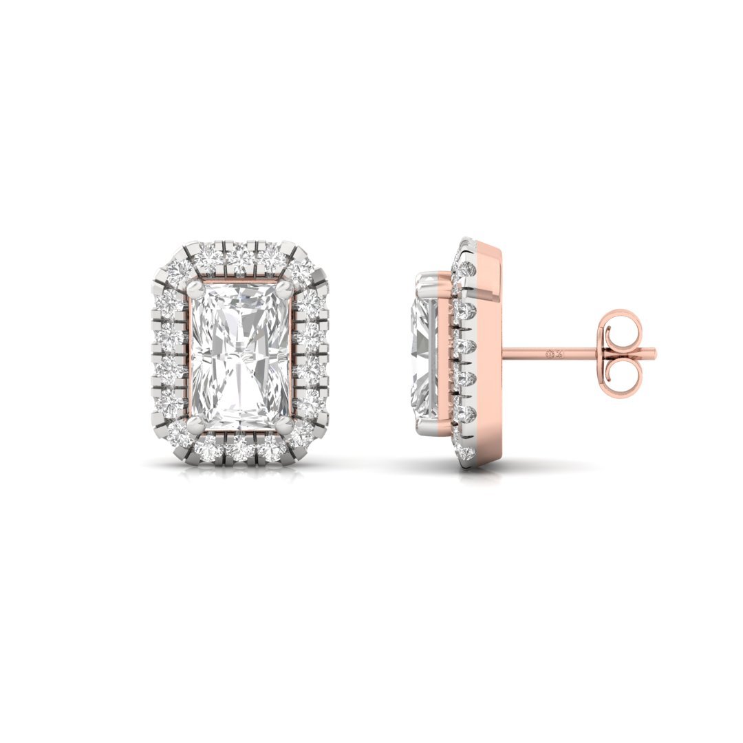 Radiant Cut Halo Diamond Stud Earrings | Lab Grown Diamond Earrings | Silver | 10K | 14K | 18K - Rose Gold Main View