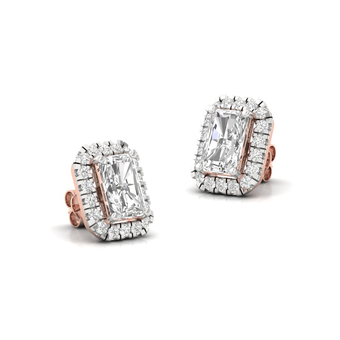 Radiant Cut Halo Diamond Stud Earrings | Lab Grown Diamond Earrings | Silver | 10K | 14K | 18K - View 3