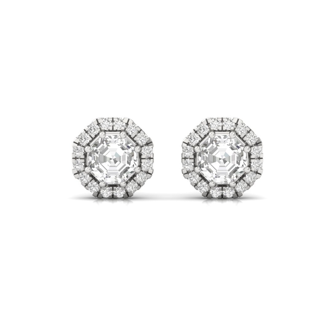 Octagon Cut Halo Diamond Stud Earrings | Lab Grown Diamond Earrings | Silver | 10K | 14K | 18K - View 2