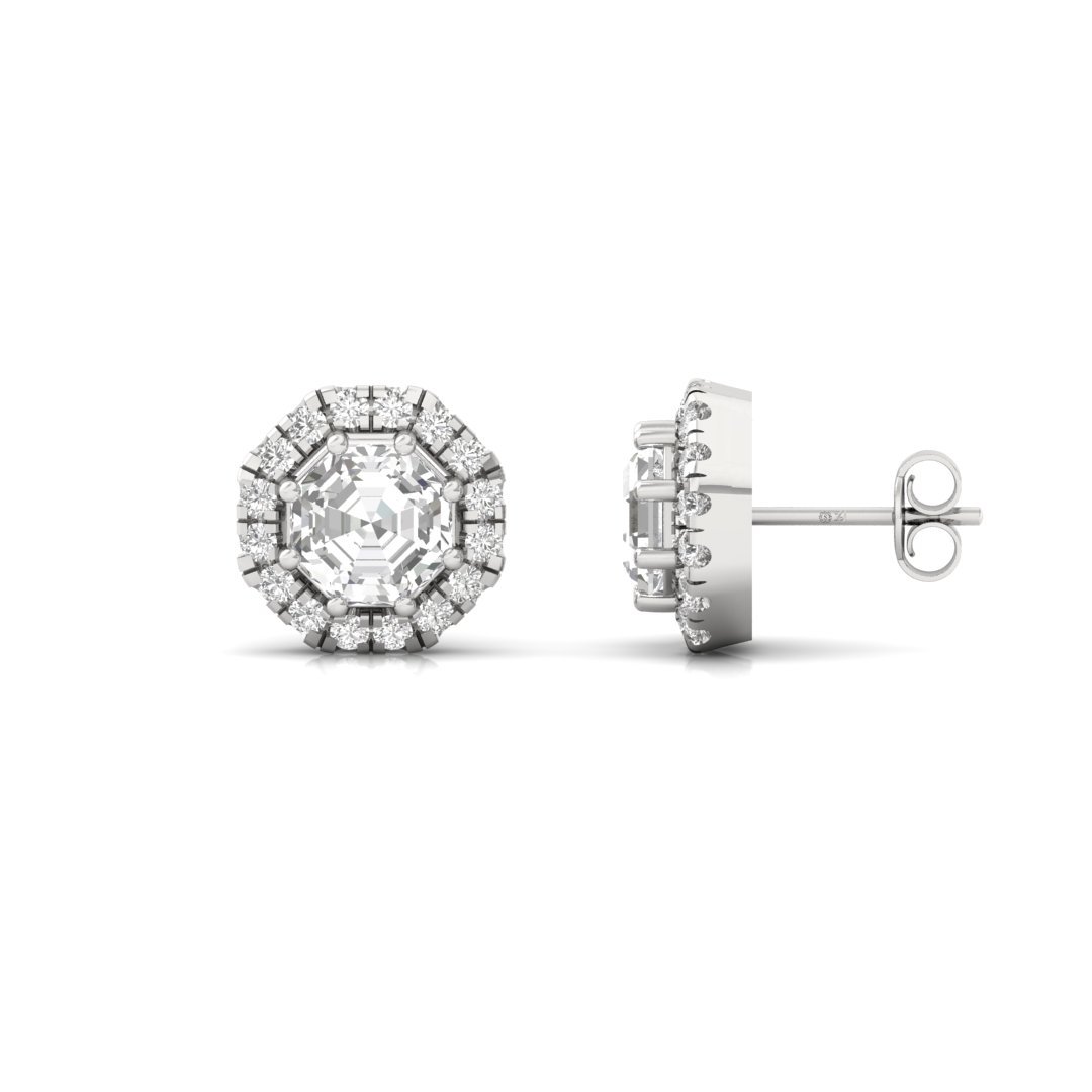 Octagon Cut Halo Diamond Stud Earrings | Lab Grown Diamond Earrings | Silver | 10K | 14K | 18K - Main View