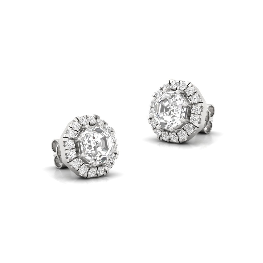 Octagon Cut Halo Diamond Stud Earrings | Lab Grown Diamond Earrings | Silver | 10K | 14K | 18K - View 3