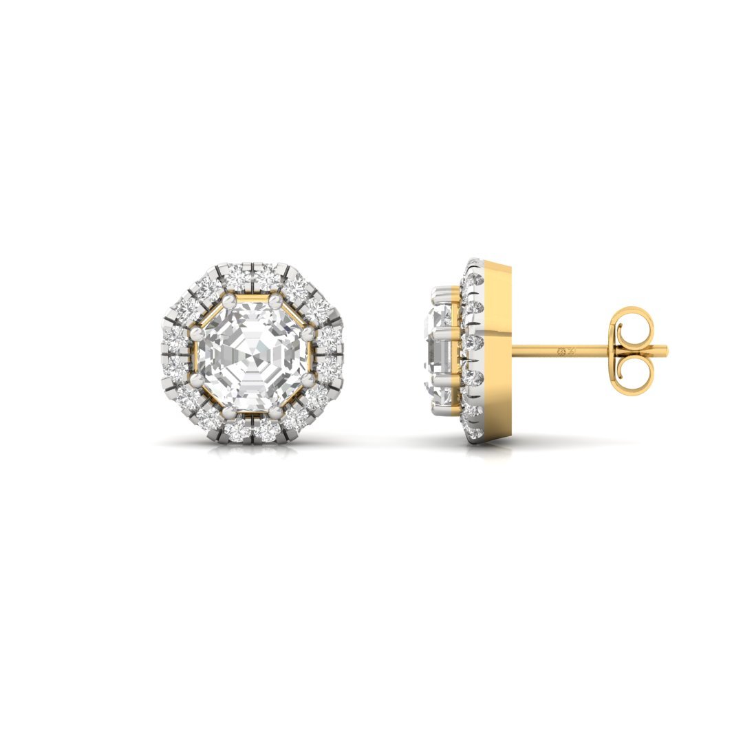 Octagon Cut Halo Diamond Stud Earrings | Lab Grown Diamond Earrings | Silver | 10K | 14K | 18K - Gold Main View