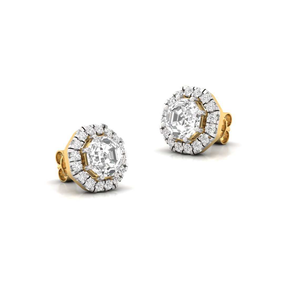 Octagon Cut Halo Diamond Stud Earrings | Lab Grown Diamond Earrings | Silver | 10K | 14K | 18K - View 3